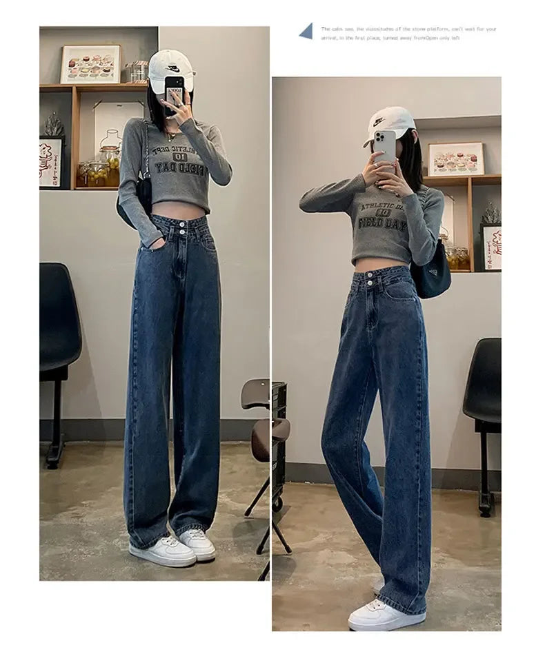 Niche High-waist Double-button Slimming Women's Jeans Charcoal Grey Loose-fit Versatile Petite Length Denim Trousers