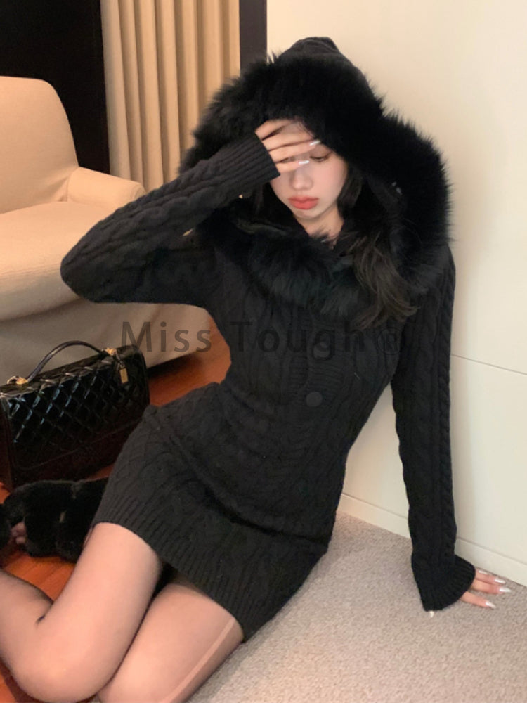 Christmas Red Elegant New Sweater Women Slim Fur Patchwork Hooded Knitted Dress Female Korean Fashion Casual Warm Clothes 2024 - Seprincess