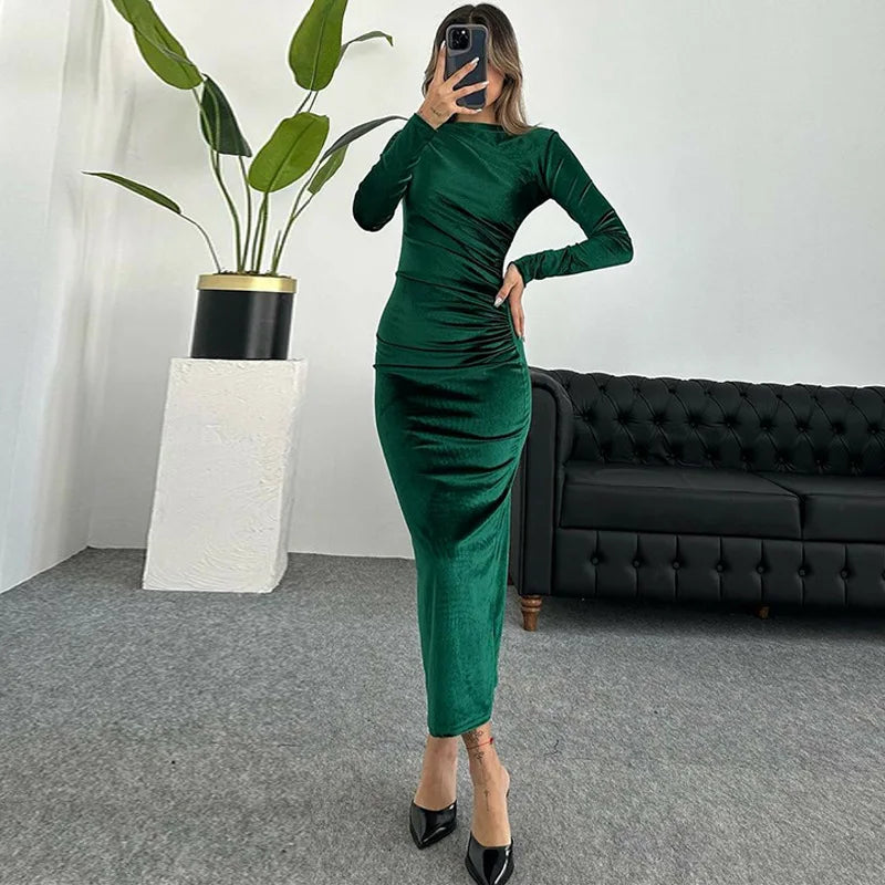 Dulzura 2024 Spring Summer Velvet Long Sleeve Midi Dress For Women Ruched Long Dress Elegant Party Clothes Evening Green Outfits - Seprincess