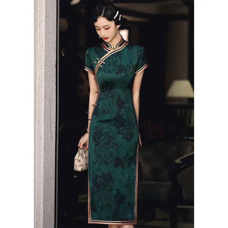 Chinese Vintage Cheongsam Republican Dark Green Improved Retro  Elegant Slim Long Dress Qipao Traditional Clothing for Women - Seprincess