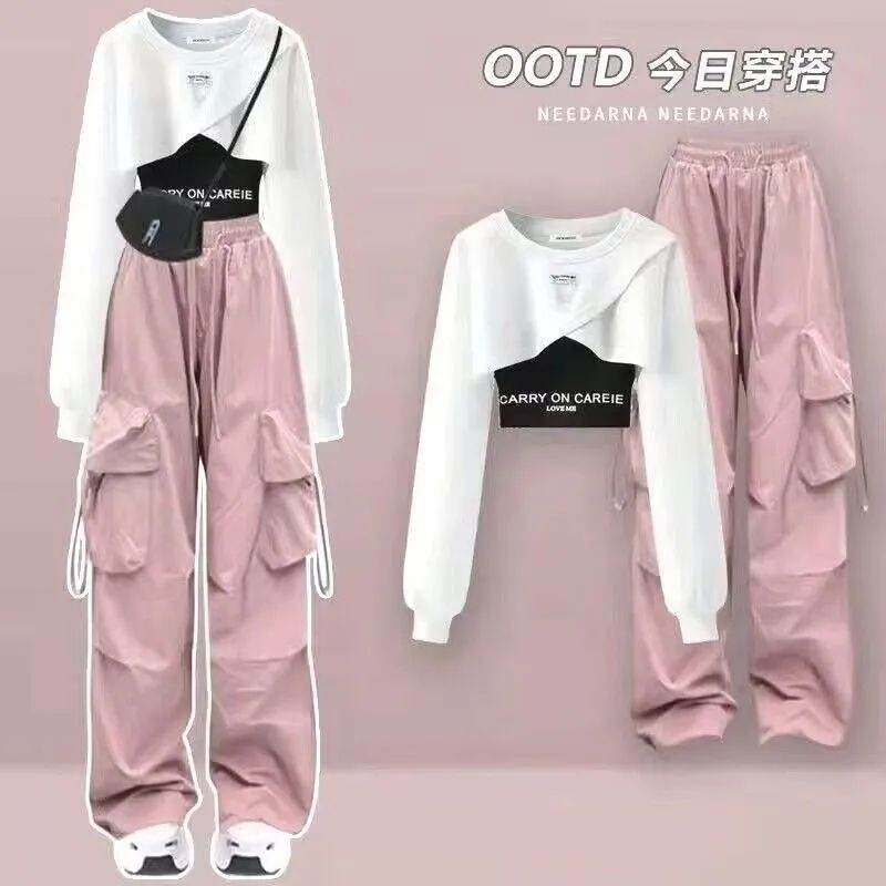 Spring and Autumn Set Women's 2024 Korean Loose Fashion Top Casual Work Pants Age Reducing Three Piece Set - Seprincess