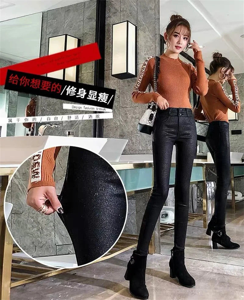 Add Velvet/No Velvet Black Faux PU Leather Pants Women's High Waist Stretch Leggings Autumn Winter Casual Skinny Pencil Trousers