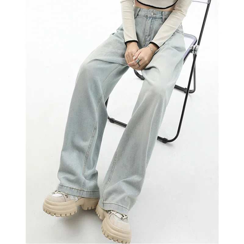 2024 Woman High Waist Vintage Baggy Jeans Lady Streetwear Wide Leg Pants Female Fashion Gray Blue Grey Light Blue Denim Trousers