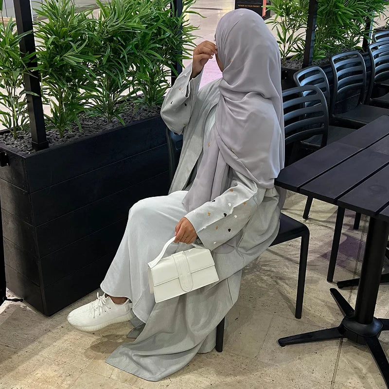 Eid Linen Abaya One Piece Open Cardigan with Heart Design Bat Sleeve Muslim Women Outwear 2024 Ramadan Dubai Arabic Kimono - Seprincess