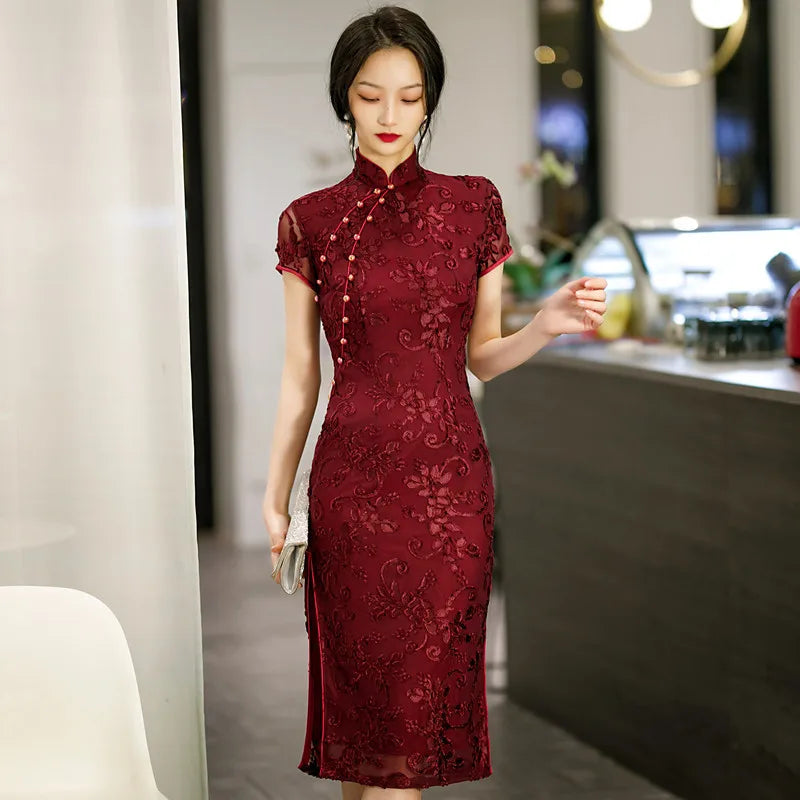 Burgundy Lace Female Qipao Traditional Chinese Dress Vintgae Classic Mandarin Collar Cheongsam Sexy Slim Split Vestidos 3XL 4XL - Seprincess