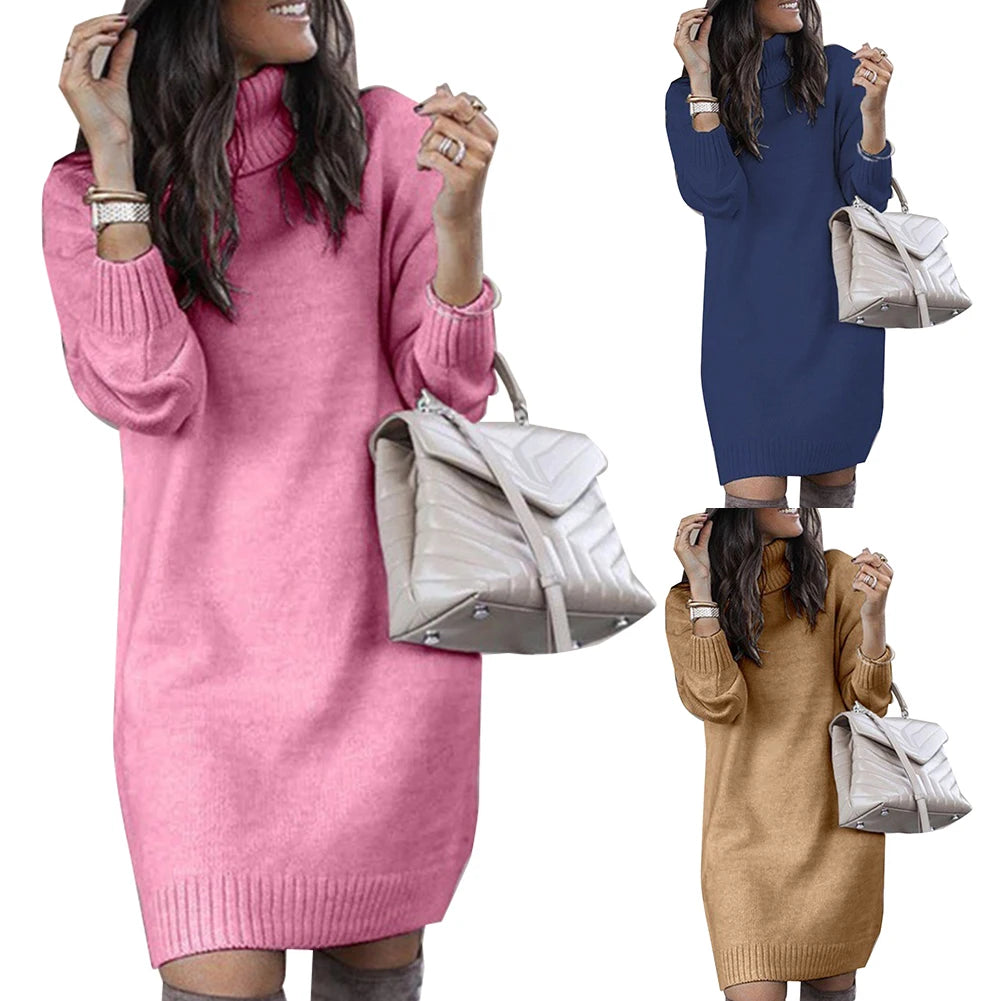 Women Winter Loose Dress Knee-length Dress Women Long Sleeve Autumn Turtleneck Warm Knitted Sweater Knee-length Dress - Seprincess