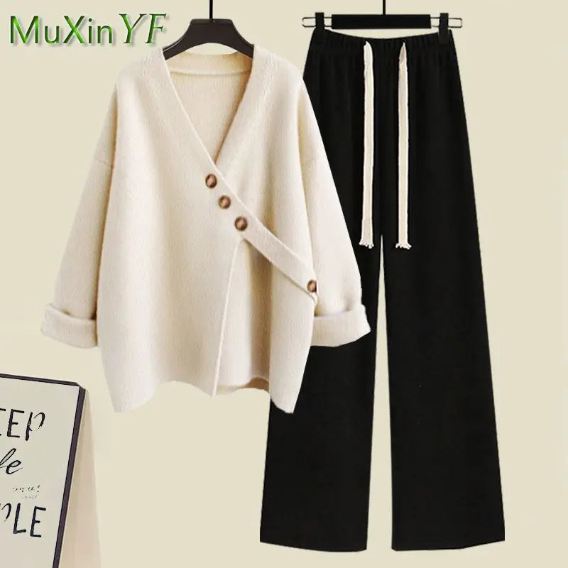 Women's Spring Autumn New Casual Matching Set Korean Elegant Irregular Knit Sweater+Loose Wide Leg Pants Two Piece Female Suit - Seprincess