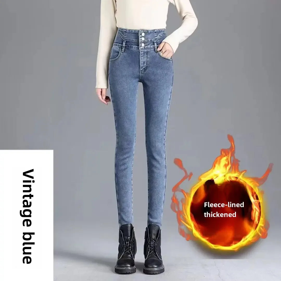 Slimming High-waisted Jeans Women's Fleece-lined Petite Winter Fashion Slims Your Body Smooths Silhouette Tight Fit Denim Pants