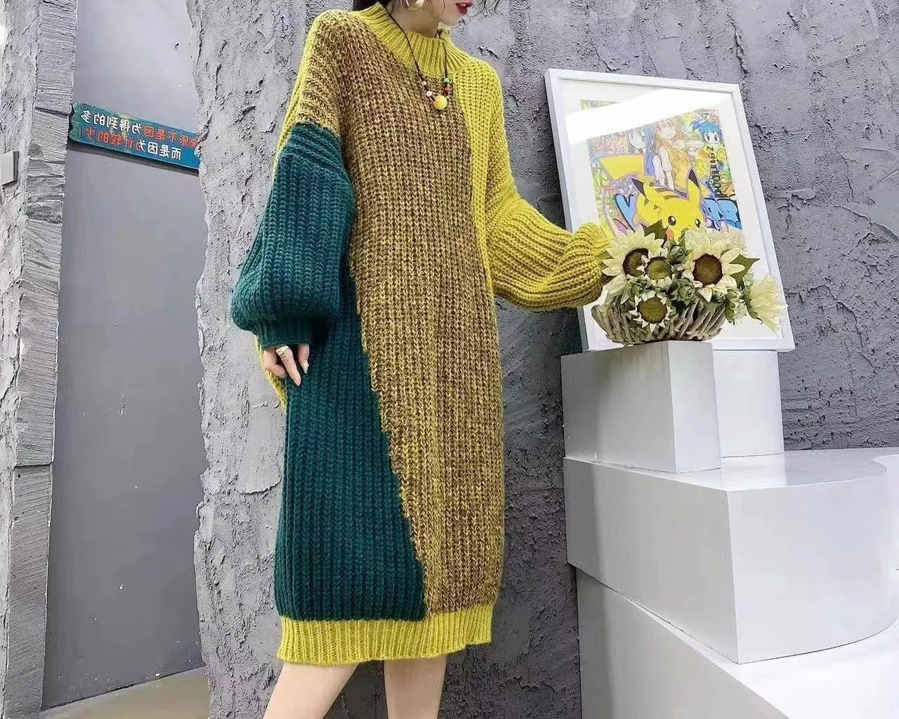 Women Clothing Chic Contrast Style Thick Knitted Dresses Winter Patchwork Vintage Korean Fashion Y2k Dresses - Seprincess