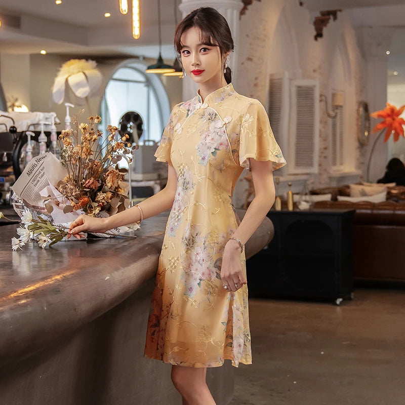 Summer Improved Young Style National Style Embroidered Floral Short Sleeve Women's Qipao Dress Chinese Traditional Cheongsam - Seprincess