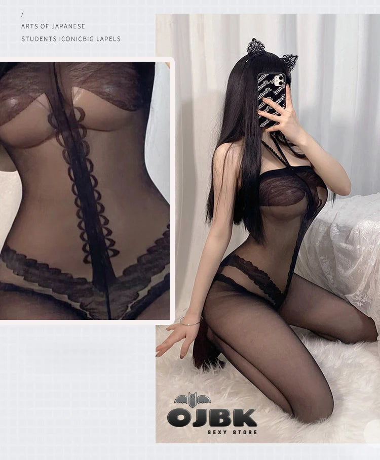 OJBK Women's Mesh Lingerie Teddy Bodysuits Tights Crotchless Nightwear Lace Halter Stockings Fishnet Chemise Jumpsuit Plus Size