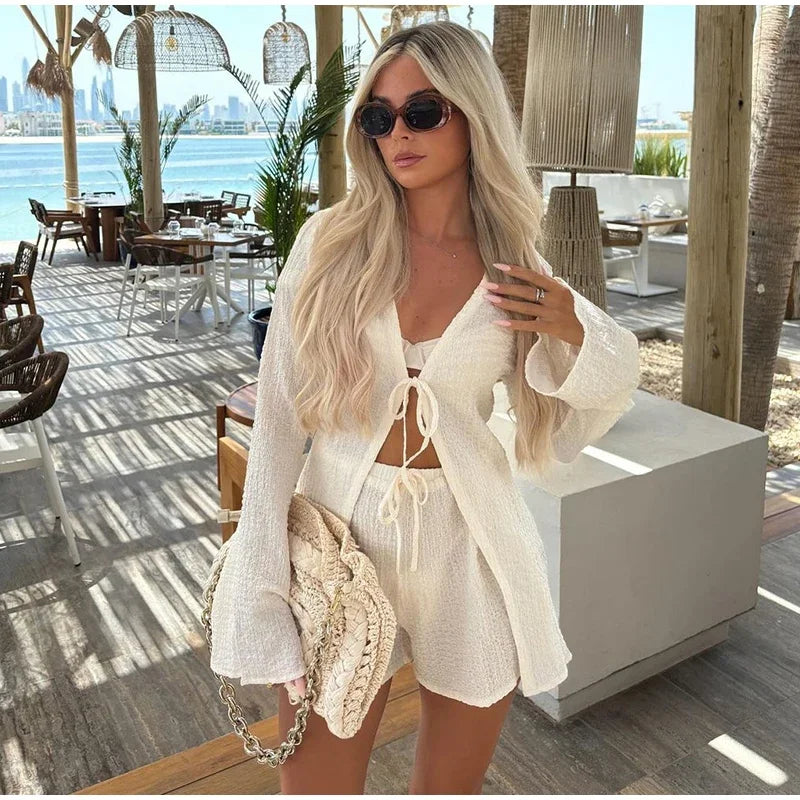 Women Summer Vacation Hollow Out Lace Up Shirt Sets 2024 New Female Solid V Neck Top And High Waist Shorts Suit Lady Outfits - Seprincess