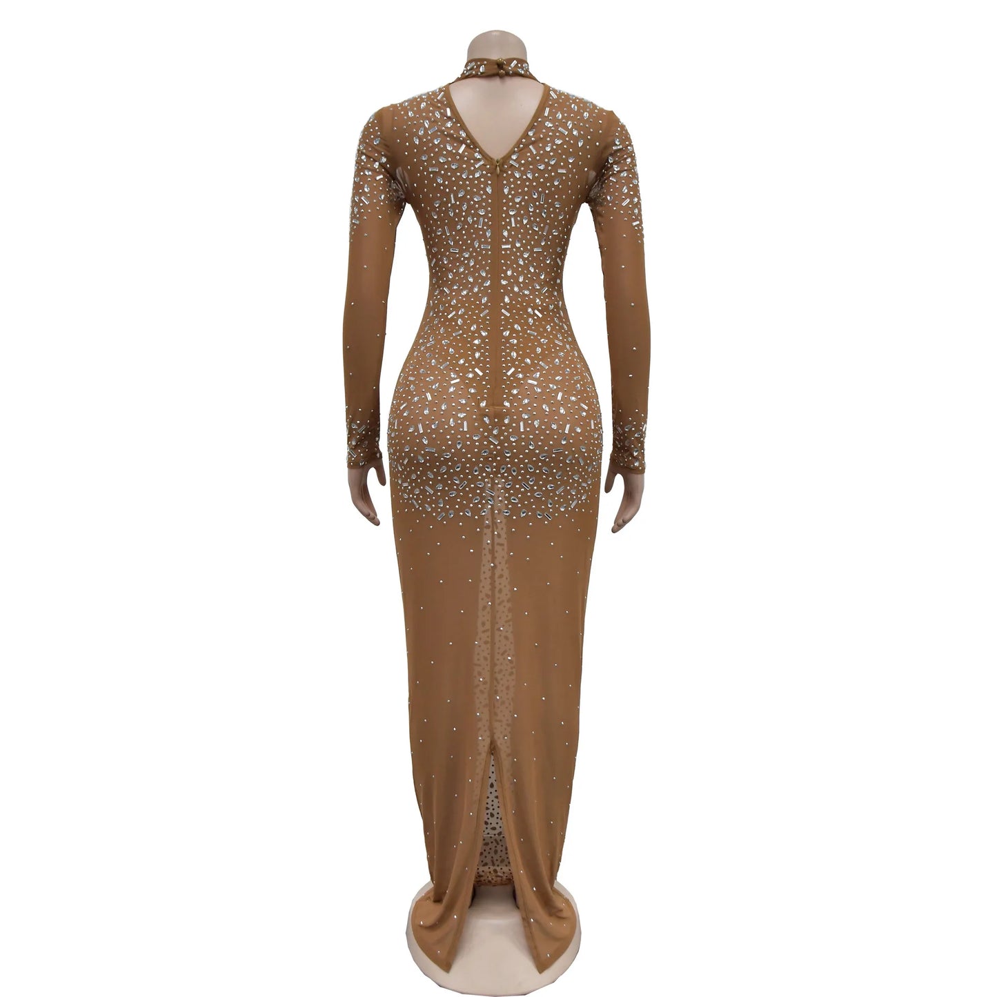 Women Sexy See Through Sheer Mesh Rhinestone Decor Long Sleeve Maxi Party Dress - Seprincess