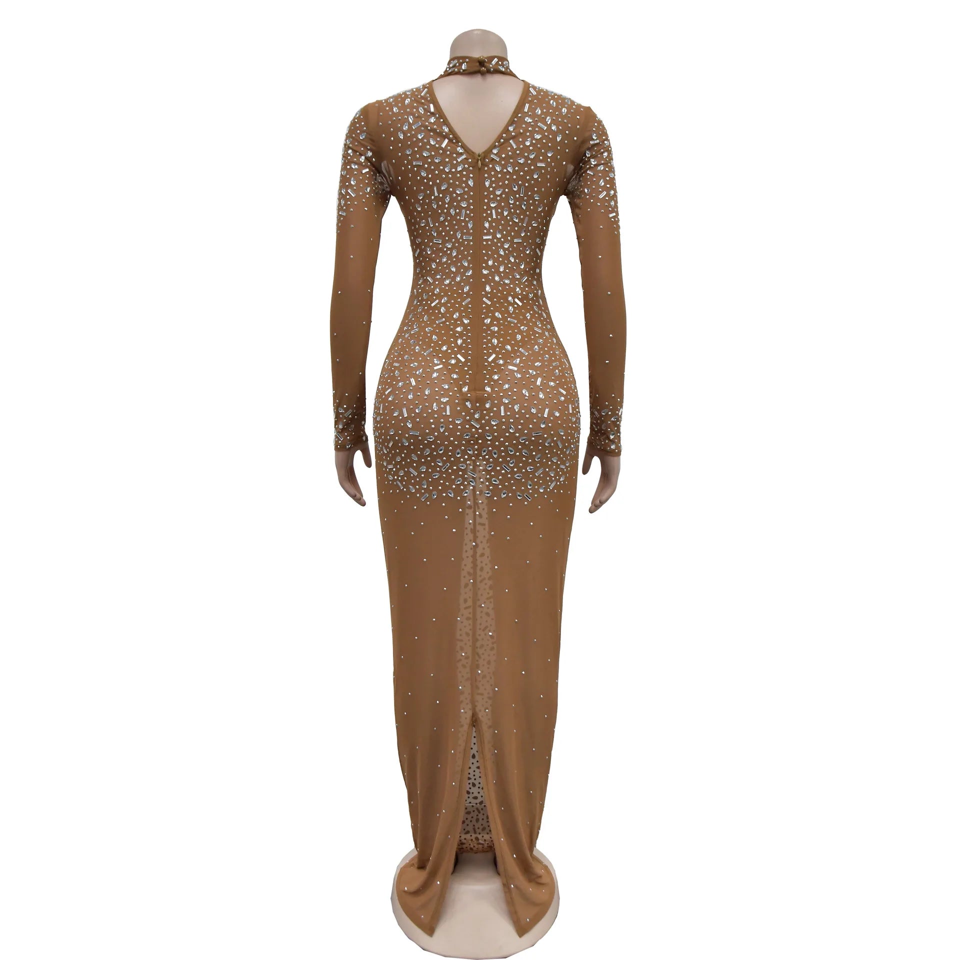 Women Sexy See Through Sheer Mesh Rhinestone Decor Long Sleeve Maxi Party Dress - Seprincess