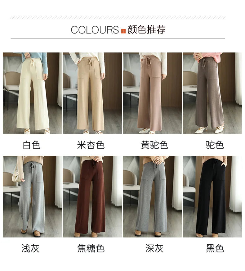 Women's Merino Wool Knitted Pants Office Lady Simple High Waist Straights Trousers Cashmere Wool Autumn Winter Thick Knitwear