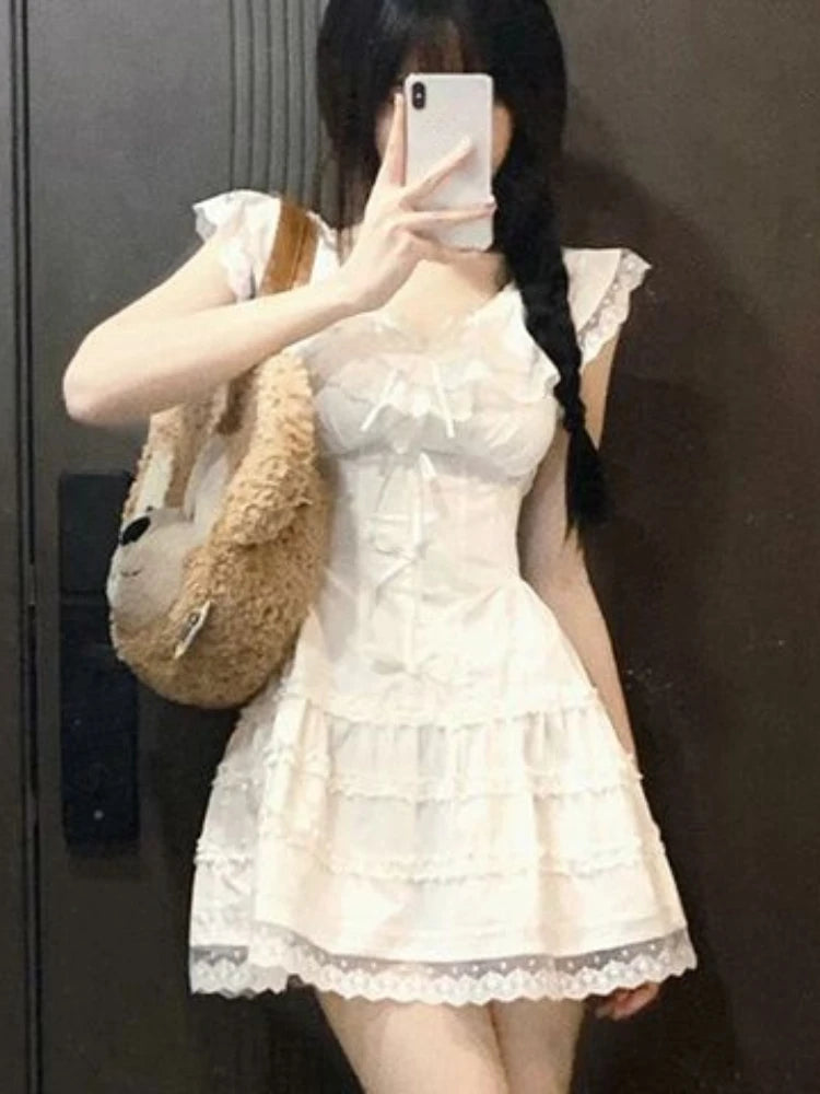 QWEEK Y2k Coquette White Lolita Sweet White Kwaii Cute Mini Dress Women Lace Bow Princess Slip Lace Short Dresses 2024 Fashion - Seprincess