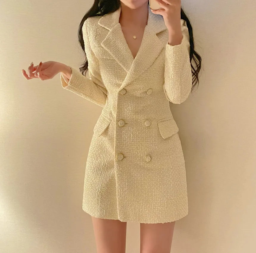 Elegant Tweed Blazer Dress Double Breasted Slim Short Dresses for Women Korean Fashion Office Lady Coat Dress Autumn Winter New - Seprincess