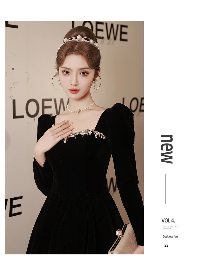 Black new light luxury small temperament banquet velvet long-sleeved dress - Seprincess