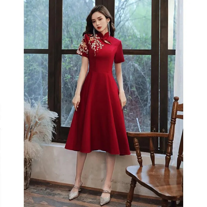 Women Elegant Mandarin Collar Bridal Wedding Dress Sexy Slim Front Split Novelty Cheongsam Exquisite Appliques Trim Long Qipao - Seprincess