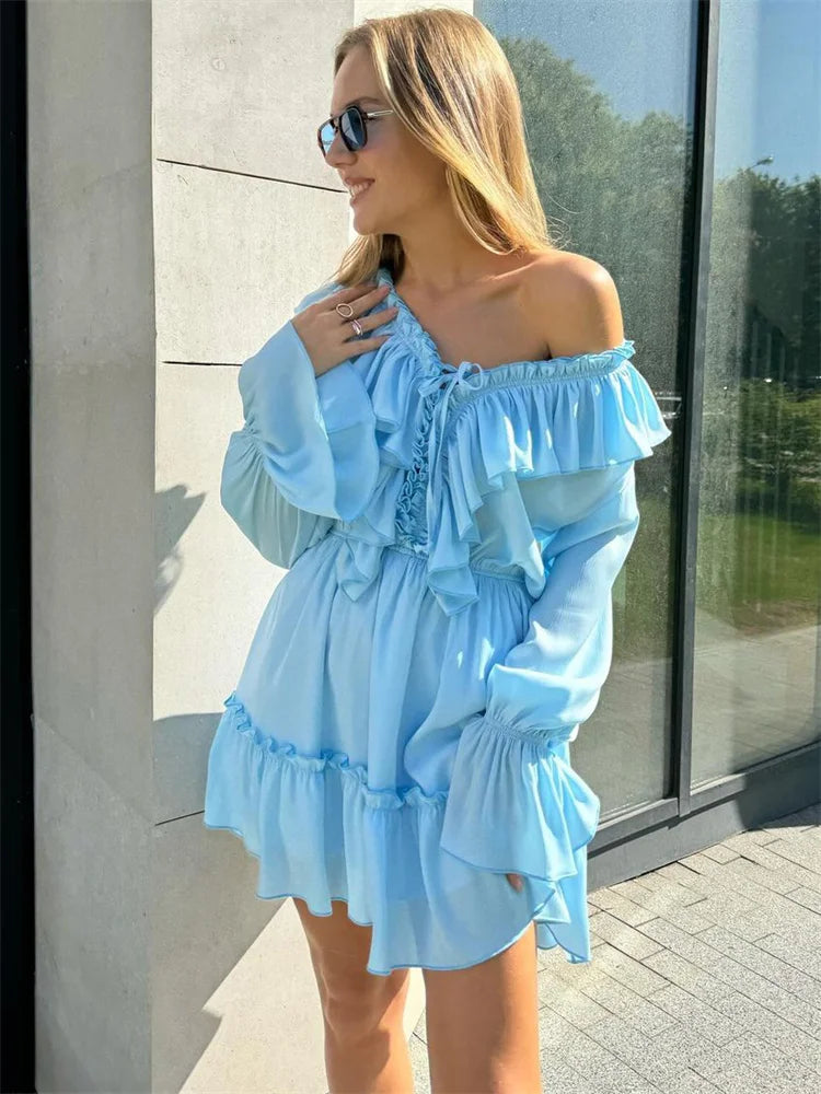 Tossy Ruffled V-Neck White Mini Dress Female Patchwork Long Sleeve Elegant Bandage Fashion Dress High Waist Lace-Up Women Dress - Seprincess