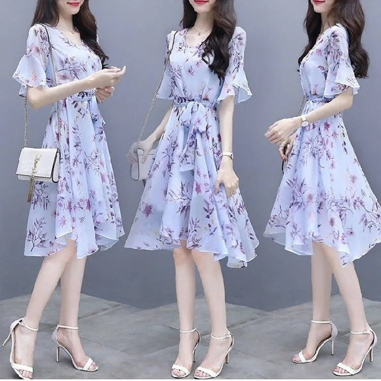 Elegant Summer New Korean-style Long Dress For Women Slimming Waist-fitted Medium-length Skirt Nylon Material Printed Dress - Seprincess