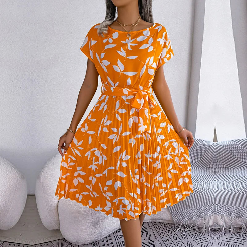 Women Spring Summer Short Sleeve High Waist Chic Dress Fashion Floral Pleated A Line Long Dress - Seprincess