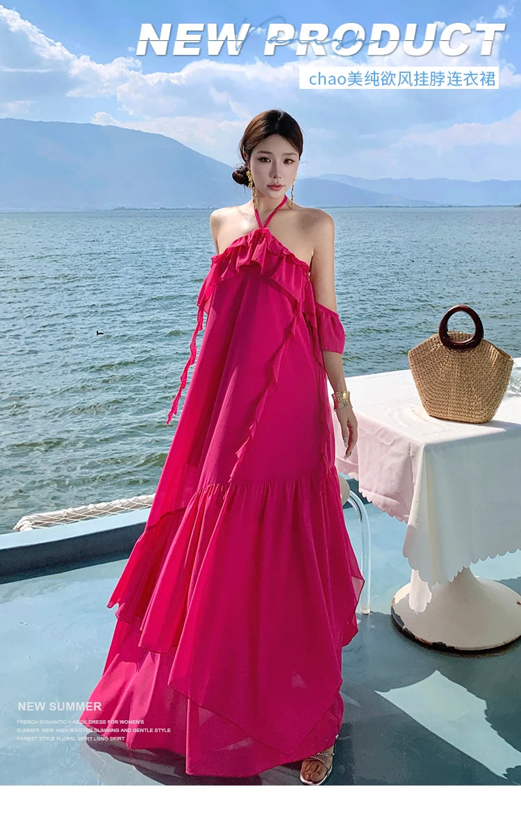 2024 Women Long Summer Formal Chiffon Sundress Halter Elegant Fairy Grunge Prom Dress New Honeymoon Vacation Party Night Dresses - Seprincess