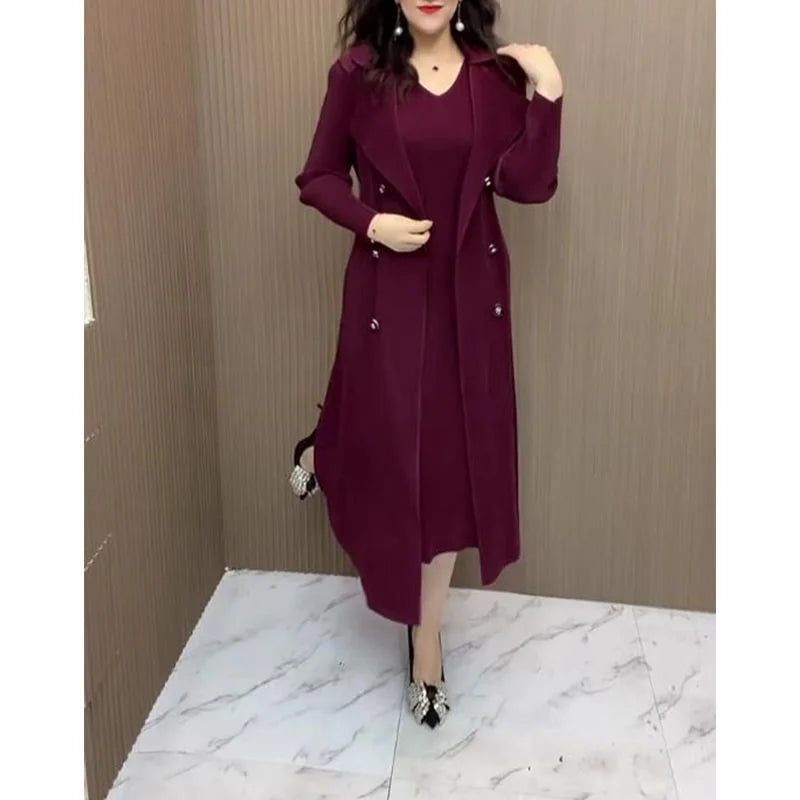 Spring Autumn Fashion Slim Pleated Suit Collar Fake Two Piece Windbreaker Coat Comfortable Waist Shrinking Elastic Dress Belt - Seprincess