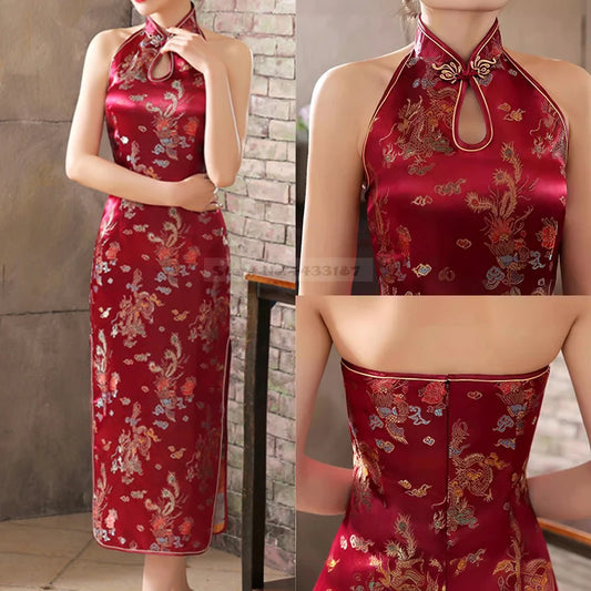 Sexy Backless Sleeveless Cheongsam Female Retro Classic Brocade Chinese Qipao Dress Plus Size Dragon and Phoenix Vestidos 3XL - Seprincess