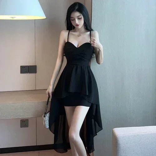 Onalippa Sexy Low-cut Strap Dress Early Spring New Temperament Feminine Irregular Waist Thin Solid Color Big Dresses Female - Seprincess