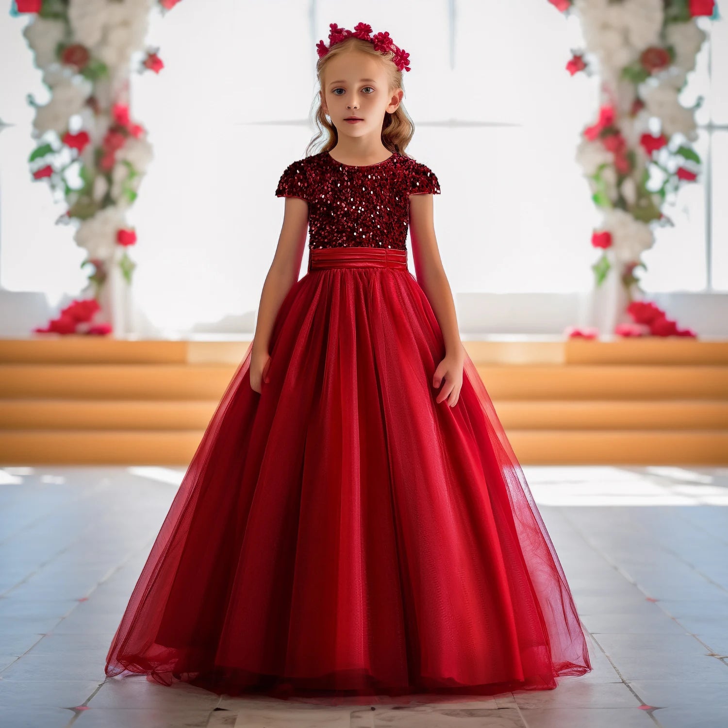 Sparkly Sequins Short Sleeves Flower Girl Dresses Tulle Kids Birthday Party Pageant Prom Gown Teen Girls Bridesmaid Dresses - Seprincess