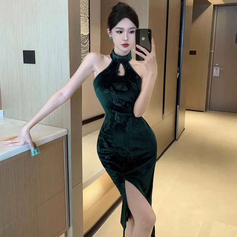 Vintage Green Print Cheongsam New Chinese Style Velvet Dress Sexy Split Vestidos Lady Autumn Dresses Hollow Out Qipao Vestidos - Seprincess