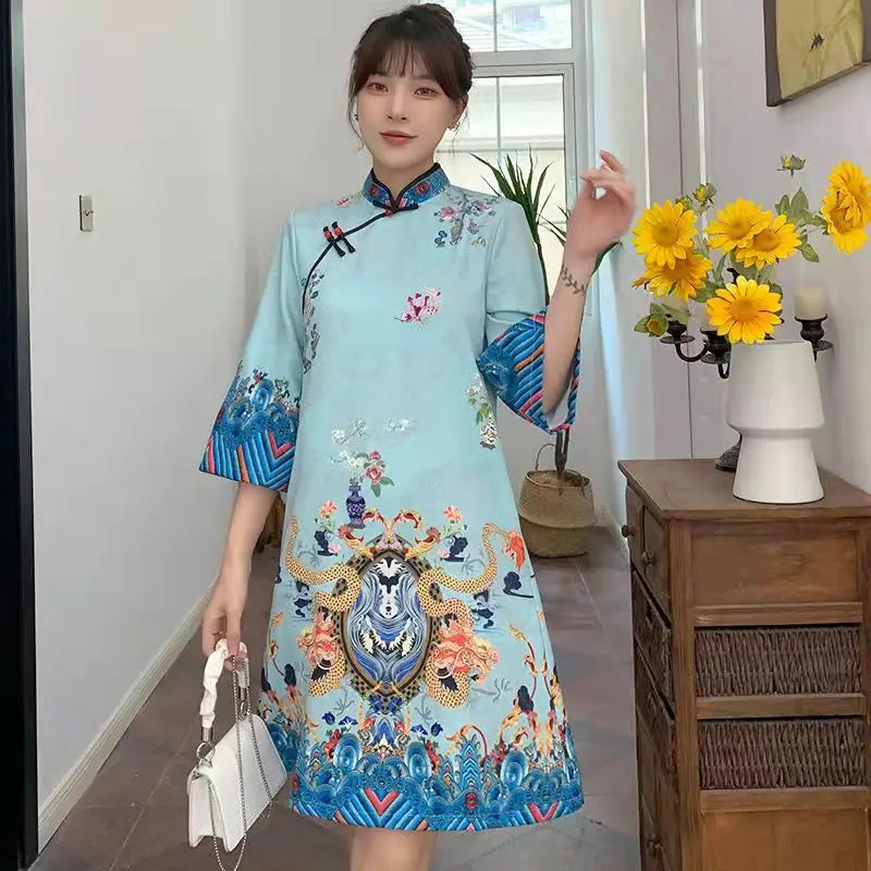 Red Blue Loose 2024 New Fashion Modern Chinese Cheongsam A-line Dress Women 3/4 Sleeve Qipao Traditional Chinese Clothes