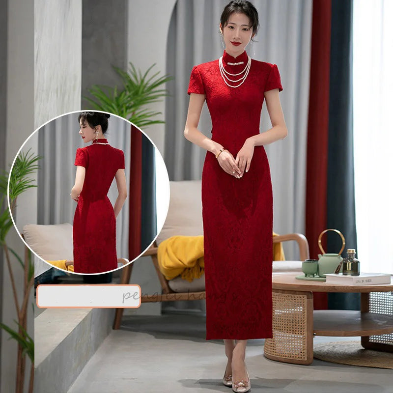 New Chinese Style Dress Backless Qipao Women Bridal Wedding Gown Sexy Lace Floral Cheongsams Elegant Split Vestidos De Festa - Seprincess