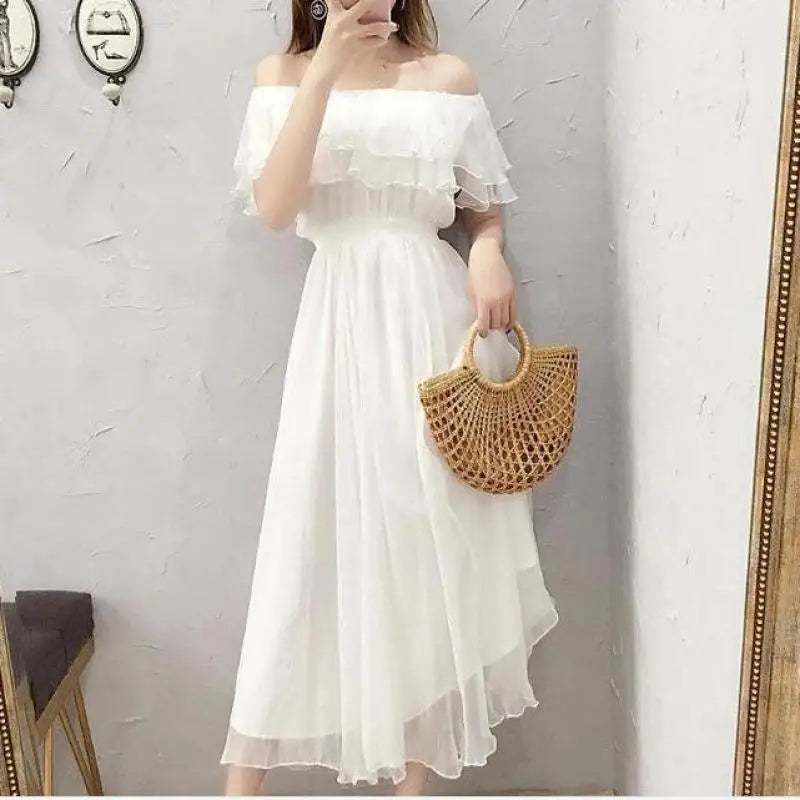 Women's Summer Beach Style Chiffon White Long Dress Lady Graceful Fairy Layers Ruffles Off-Shoulder Dresses Evening Party Gown - Seprincess