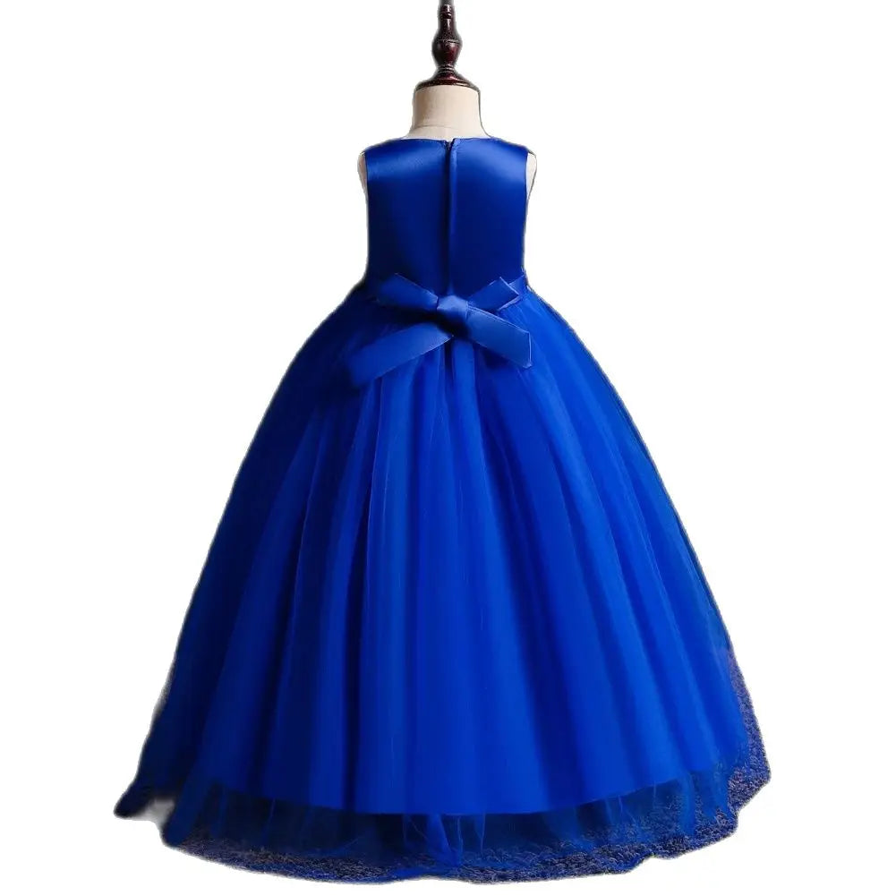 Blue New Girl Flower Long Dress Children's Ball Embroidered Princess Dress for 4 to 14 years Girl Party Wear - Seprincess