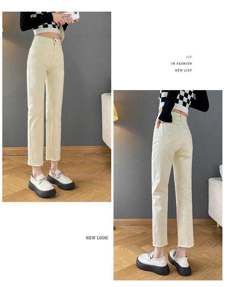 Rarely Hem Pants Spring High Waist Elastic Straight Barrel Jeans Women's Small Smoke Pipe