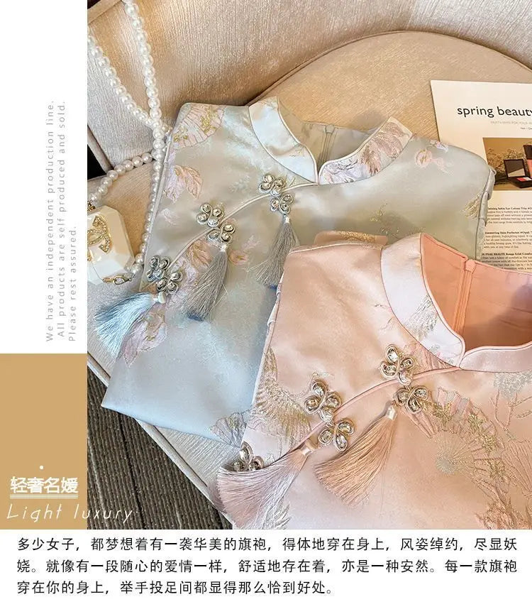 Chinese Style Elegant Cheongsams Dress Summer Women Vintage Floral Embroidery Qipao Mini Dress Lady Chic Tassels Slim Vestidos - Seprincess