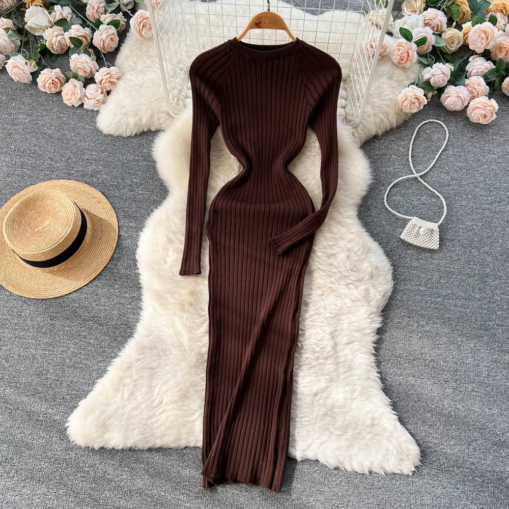 SINGREINY Winter Women Knit Maxi Dress O Neck Autumn Long Sleeve Slim Solid Harajuku Ladies Fashion Pencil Sweater Long Dresses - Seprincess