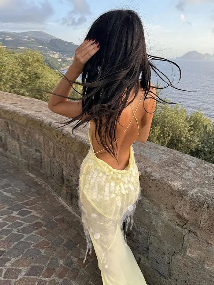 Women Sequin Camisole Slim Fit Off Shoulder Dress Sexy Sleeveless V-neck Backless Long Robe Summer Beach Party Evening Vestidos - Seprincess