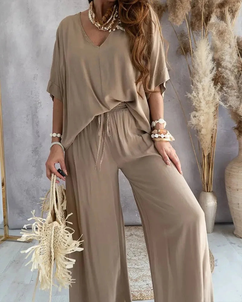 Summer Casual Loose Two Piece Set Women Fashion V-neck Pants Sets Women Elegant Batwing Sleeve Homewear Outfits 2 Piece Sets - Seprincess