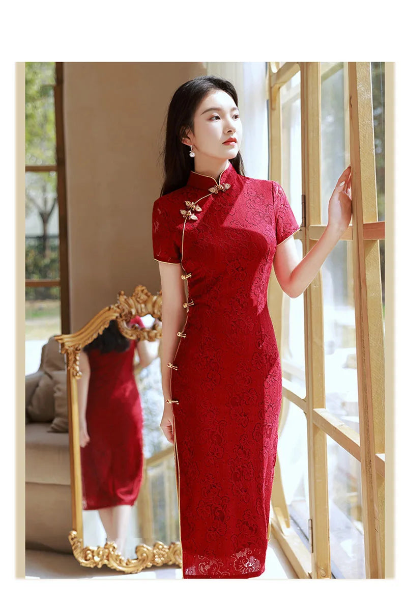 Wine Red Wedding Cheongsam Short Sleeve Vintage Improved Women Summer Lace Dress Slim-fit Elegant Qipao S To XXL - Seprincess