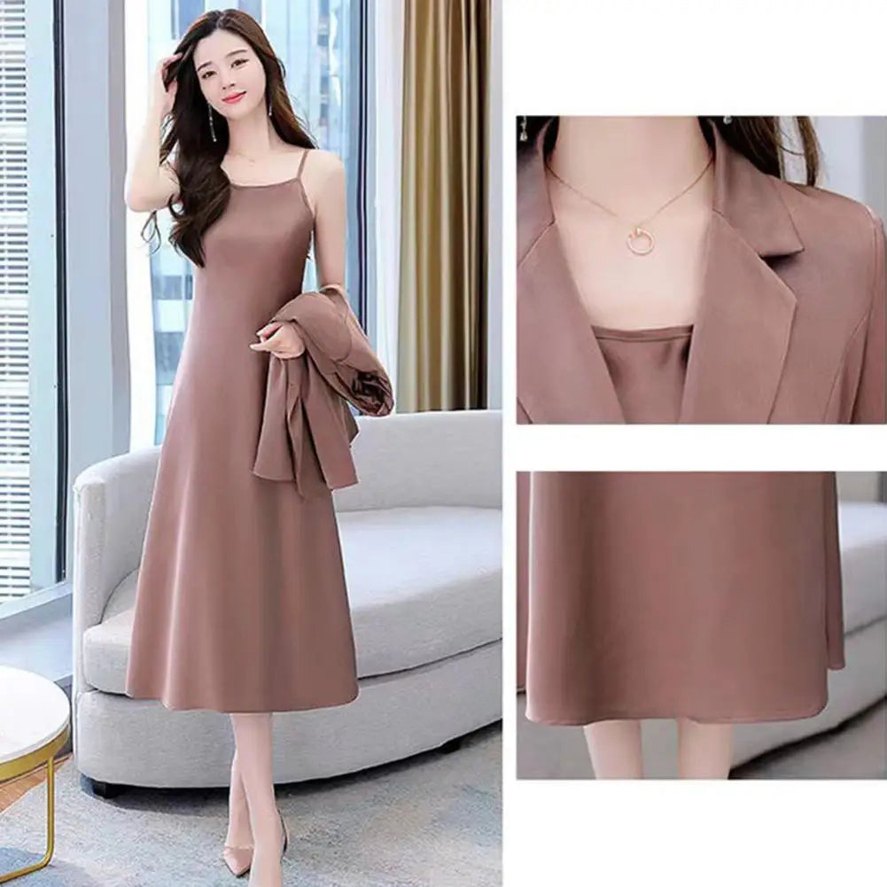 2Pcs Women Outfit Commute Trendy Office Lady Dress Coat Set Elegant Sling Style Coat Long Dress Suit Lady Business Skirt Suit - Seprincess