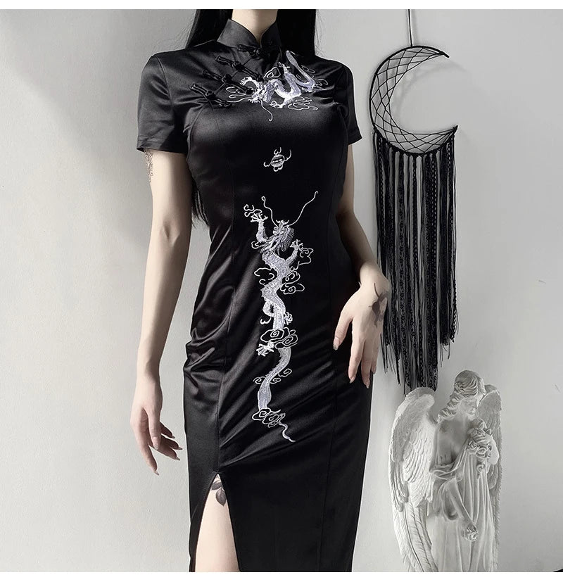 Women Japanese Style Cheongsam Retro Chinese Traditional Dragon Embroidery Long Qipao Split Dress Elegant Ladies Party Clothing - Seprincess