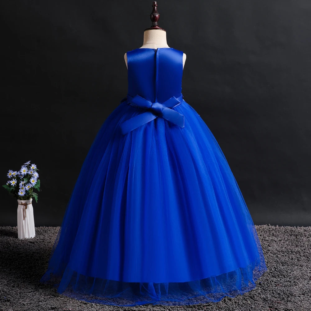 Blue New Girl Flower Long Dress Children's Ball Embroidered Princess Dress for 4 to 14 years Girl Party Wear - Seprincess