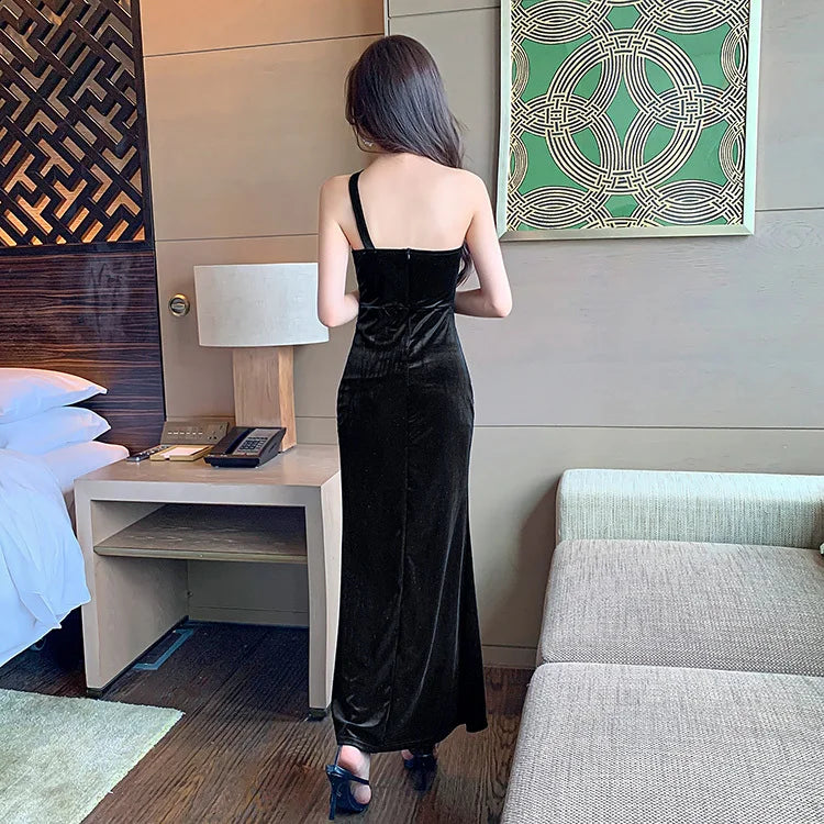 Black Leopard Velvet Dress Women Sleeveless Sexy Spaghetti Strap Dresses Ladies Party Club Evening High Waist Asymmterical - Seprincess