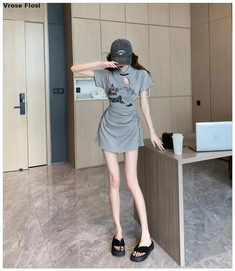 New 2024 Retro Daily Leisure Qipao Dress Chinese Style Printing Improved Cheongsam Fashionable Wrinkled Waist Design Thin Dress - Seprincess