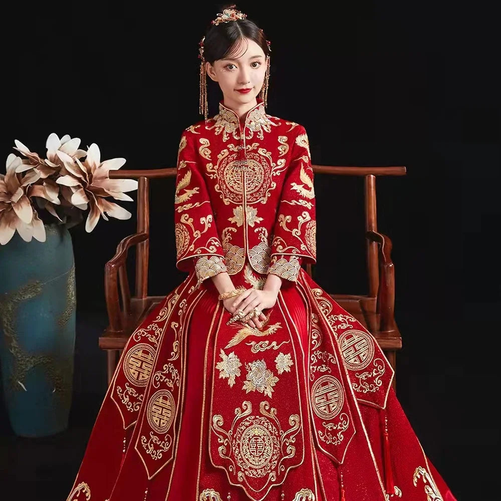 Modern Cheongsam Top + Skirt Suit Red Qipao Long Chinese Traditional Wedding Dress Oriental Style Xiuhefu Dresses - Seprincess