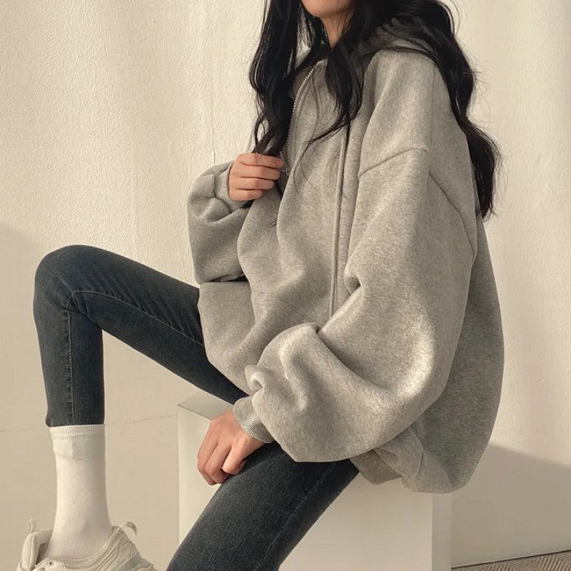 Women Hoodie Harajuku Loose Oversized Solid Color Top Half Zip Up Sweatshirt Female Casual Long Sleeve Pocket Hooded Coats 2024 - Seprincess