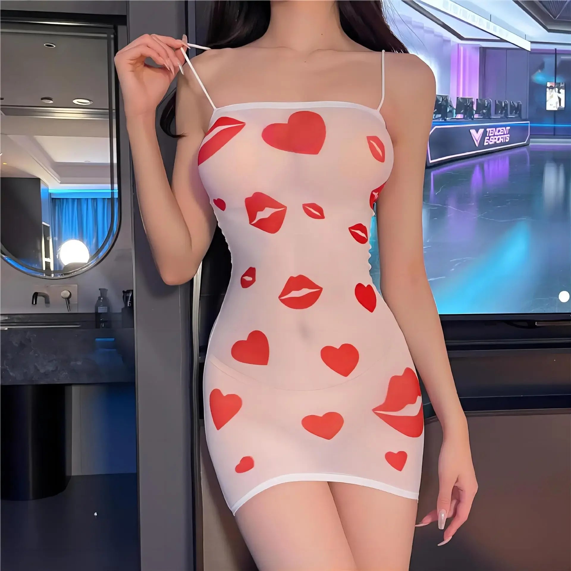 Dress Esports style jumpsuit with buttocks skirt, printed butterfly stockings with kiss marks Woman clothing Women party dress - Seprincess